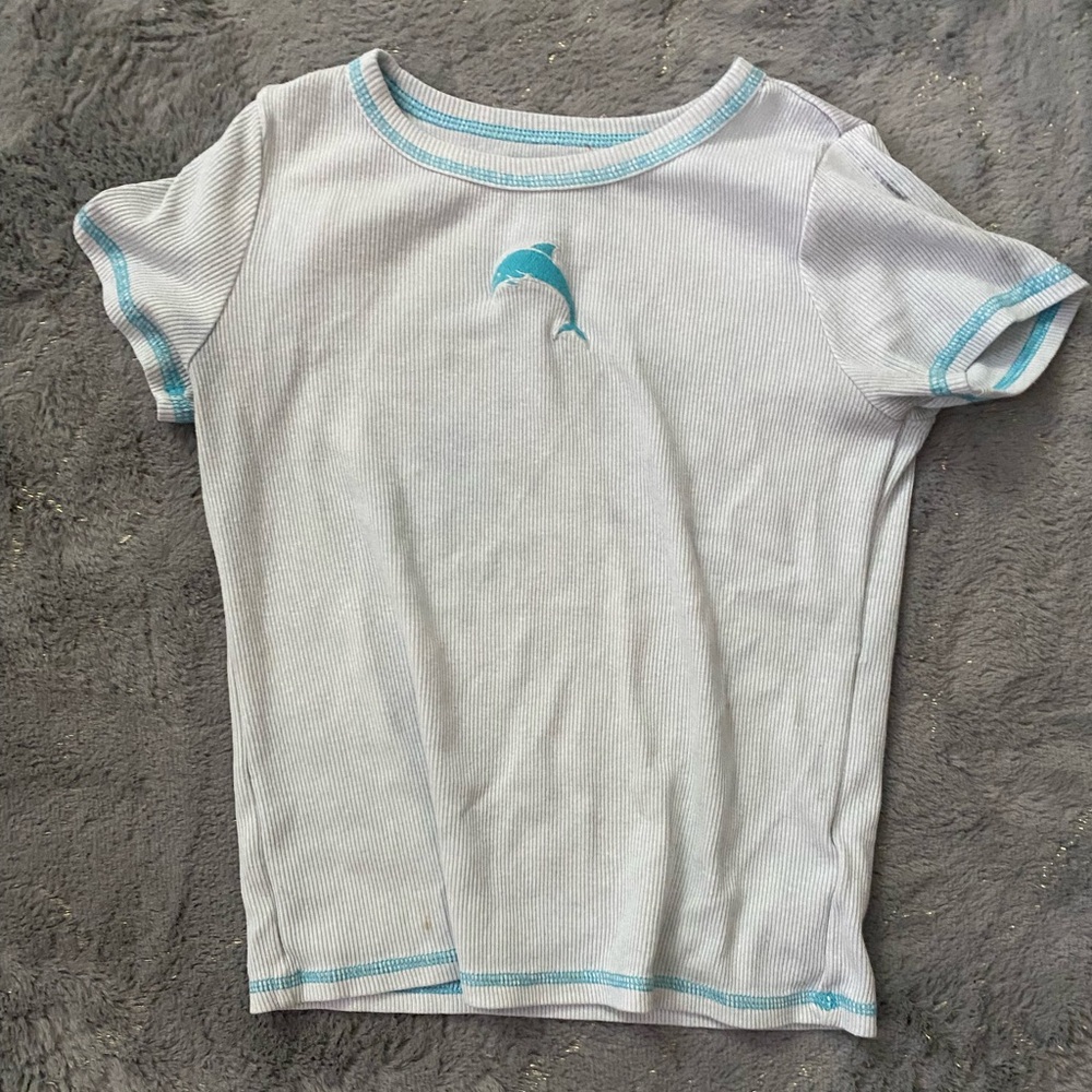 art class White Tee with Blue Dolphin Embroidery